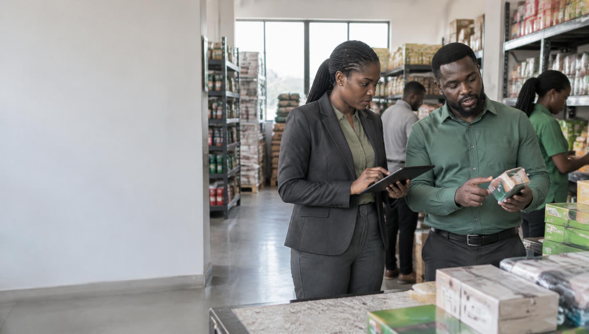 Black African assurance reviewer checking inventory with a Ghanaian branch manager