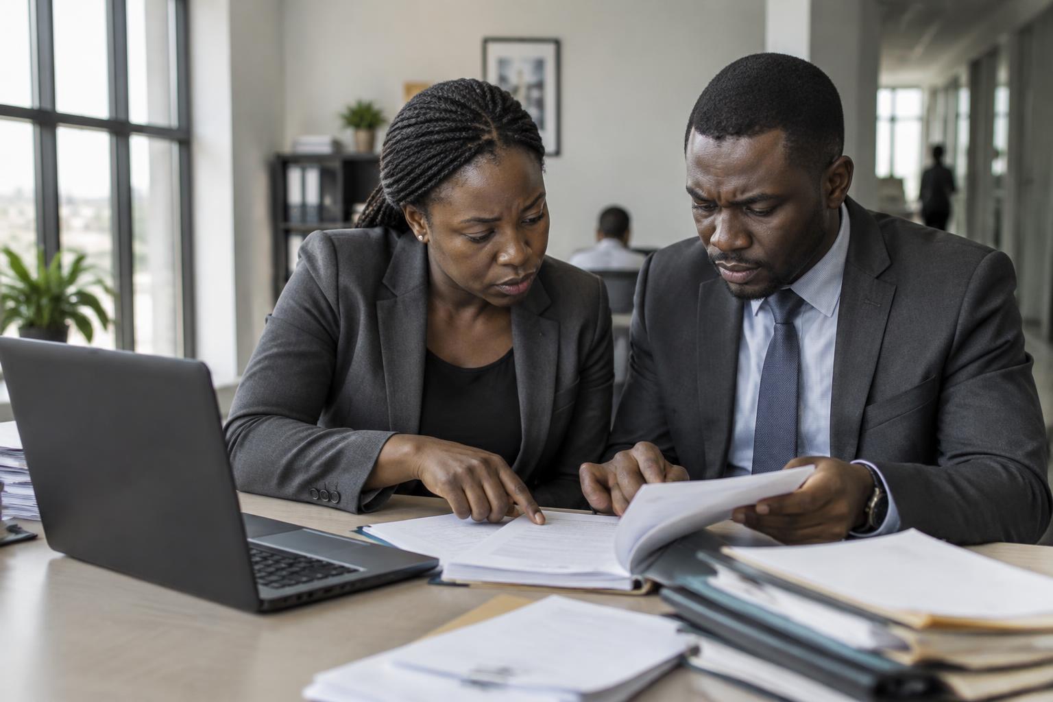 Black African assurance analysts comparing supporting transaction records in a branch office