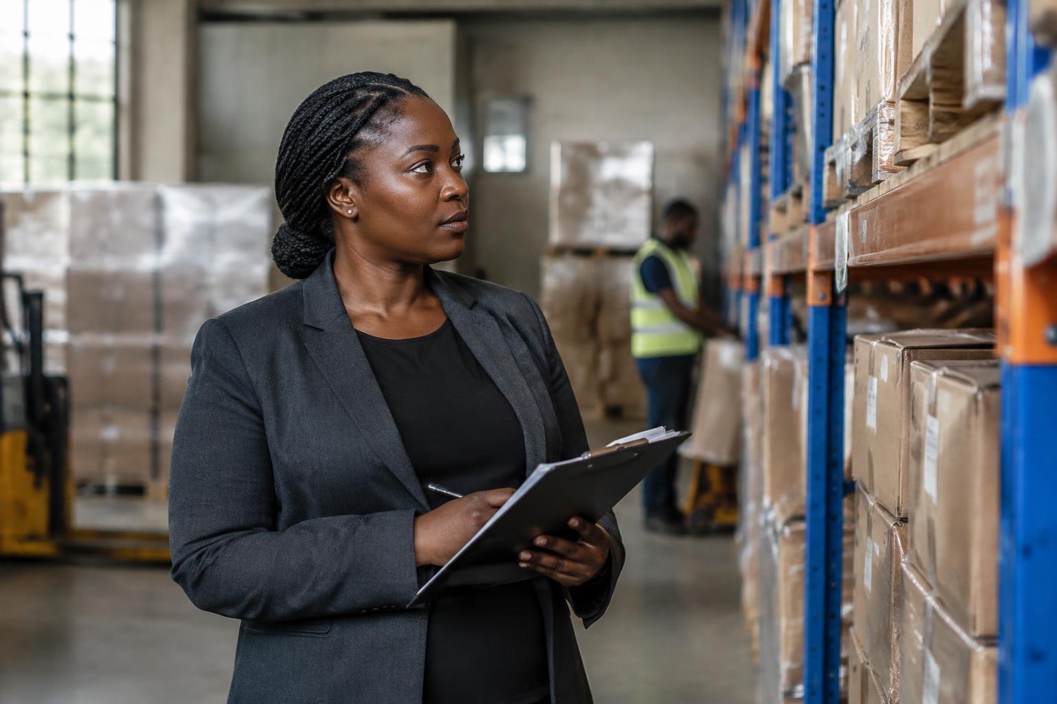 Black African assurance auditor checking stock shelves with a clipboard in a Ghanaian distribution warehouse