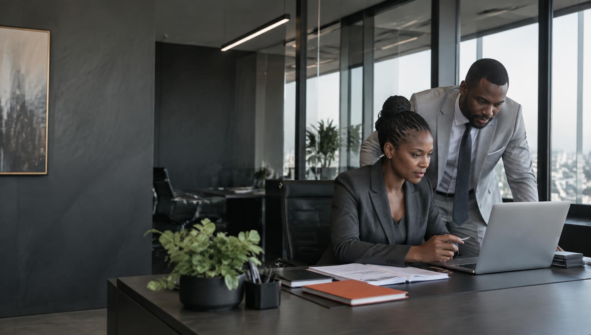A Ghanaian Business Manager and founder reviewing company information together in a modern office