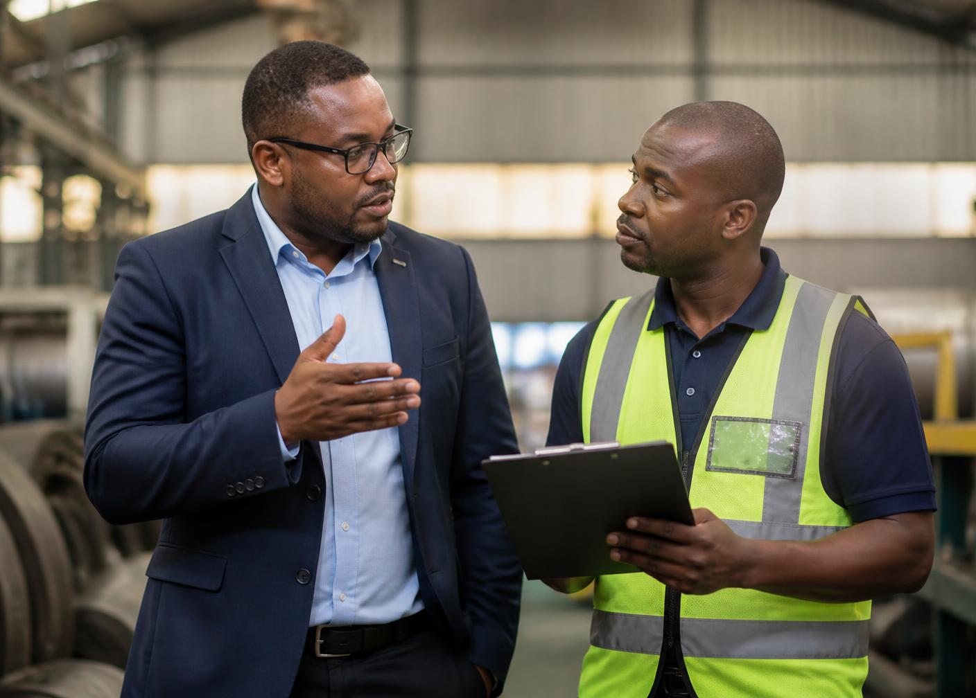 A ForgeWorks consultant reviewing operations with a supervisor on the floor