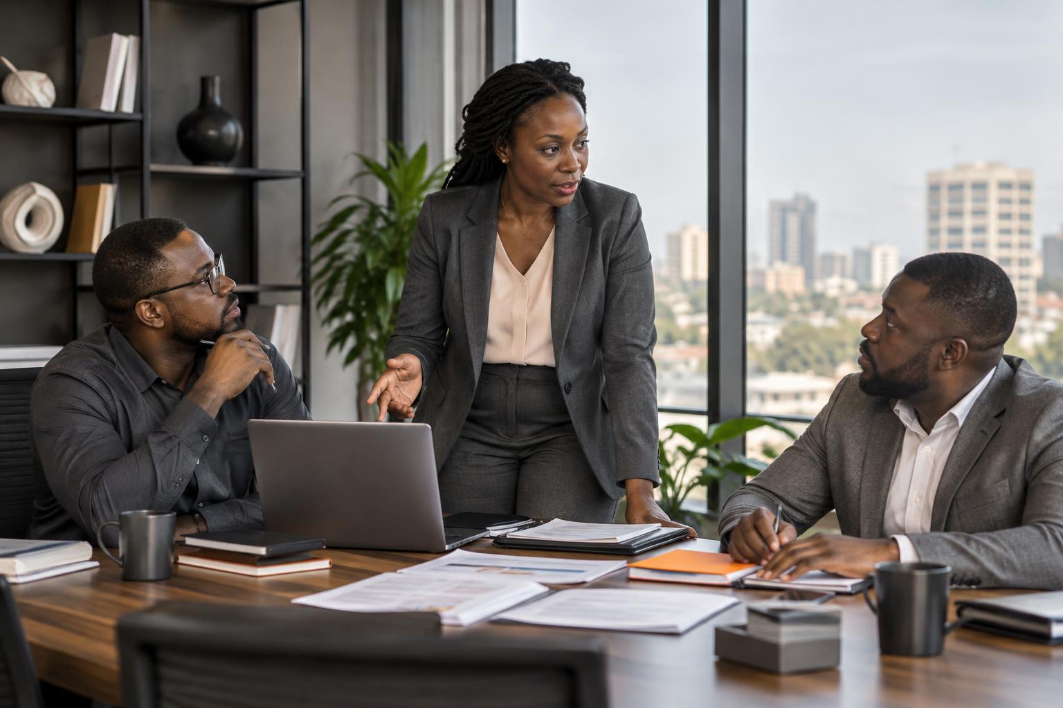 A Black African business manager coordinating an internal operations meeting in an Accra office