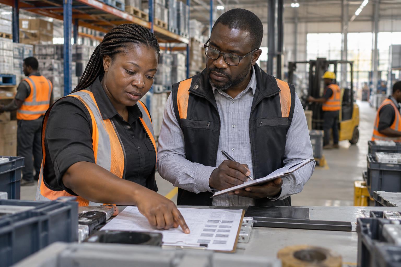 Black African assurance professionals conducting a controls review in a distribution facility