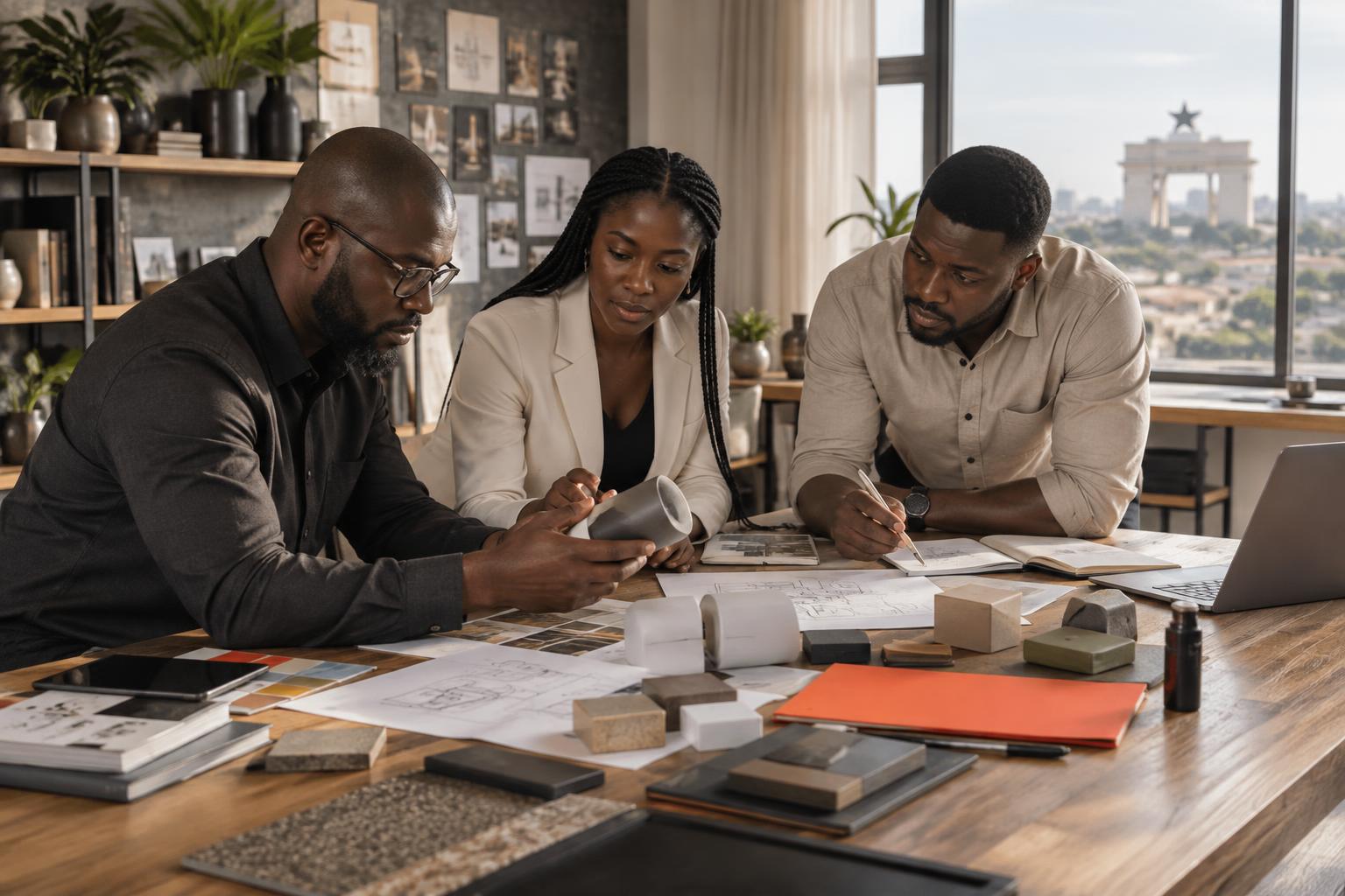 Black African founders and venture strategists reviewing a prototype and launch plan in Accra