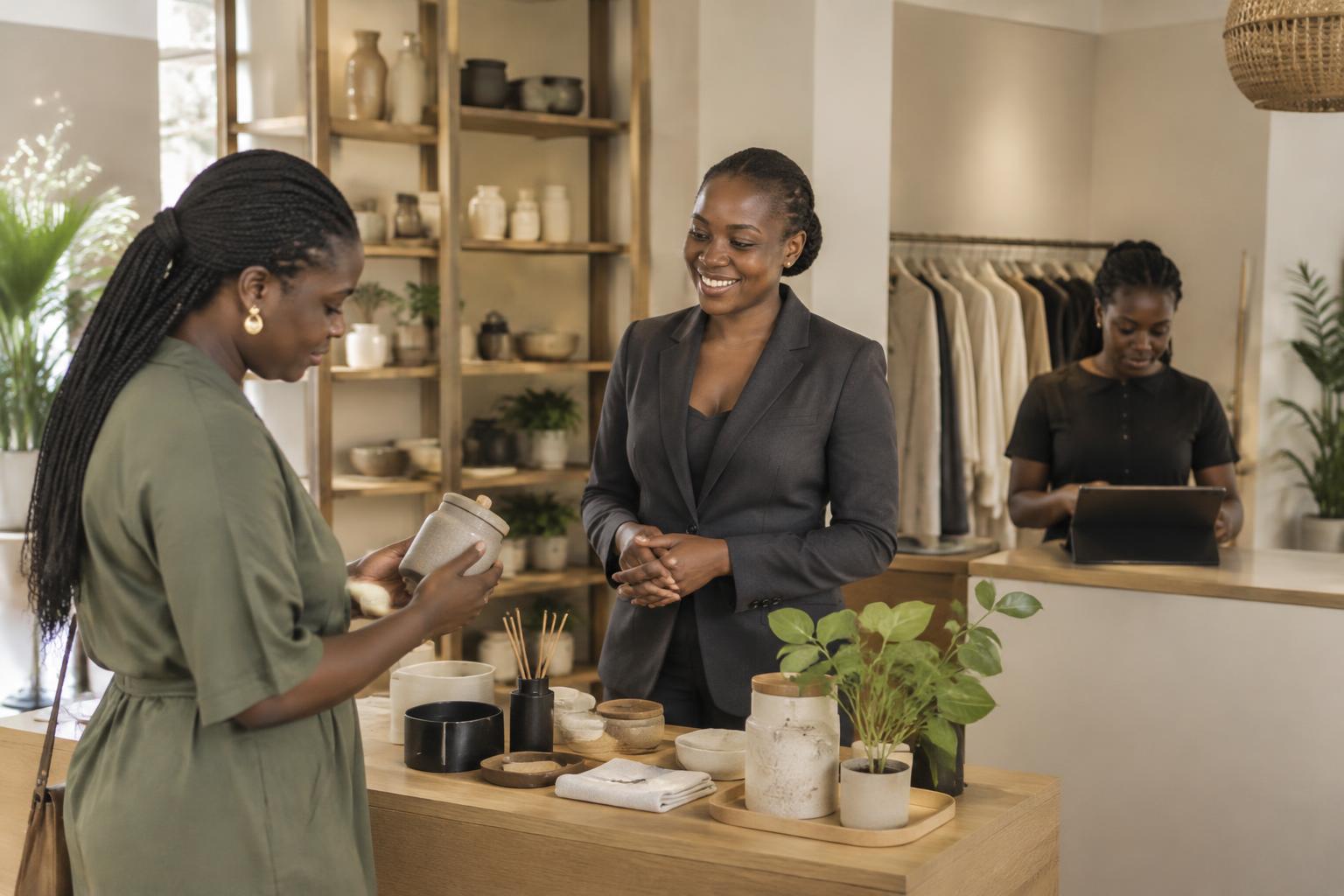 Black African founder welcoming a first customer while her employee calmly manages the new showroom